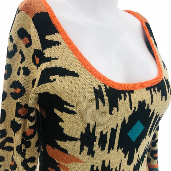 Flying Tomato MEDIUM Orange Knit Mini Sheath Sweater Dress Tribal 3/4 Sleeve - Picture 2 of 6